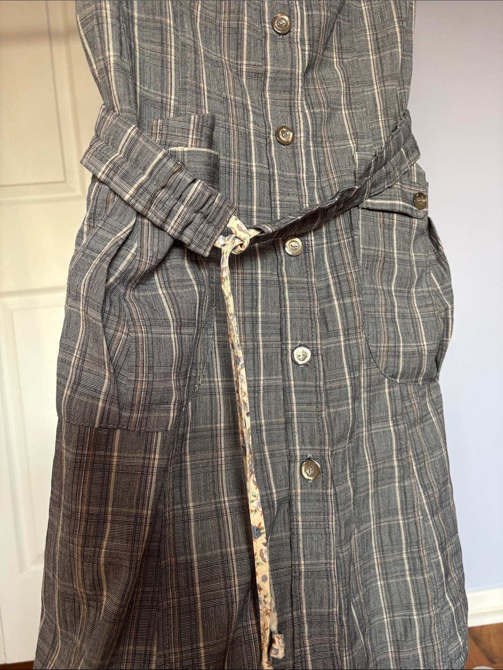86. PETROV Gray Plaid/Cream Belted Mini Dress, with detailing - Picture 8 of 15